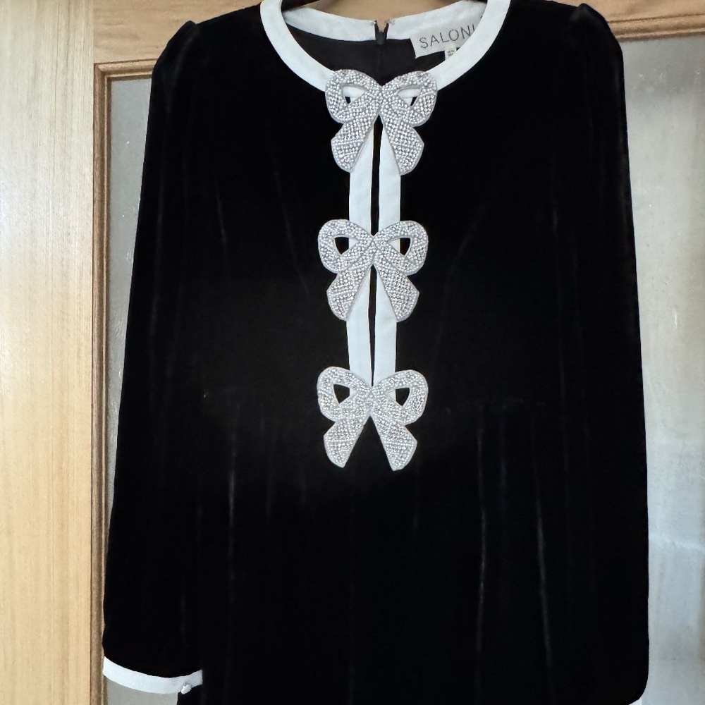 Saloni black velvet with bow embellished dress